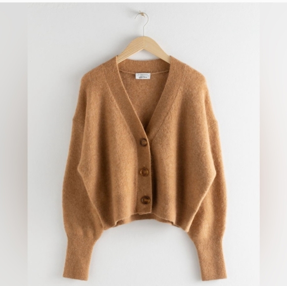 & Other Stories Alpaca Wool Blend Puff Sleeve button Carmel Cardigan sweater S - Picture 2 of 11
